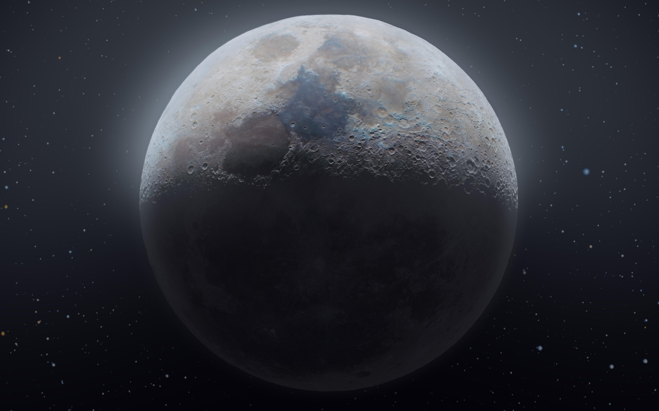 Большая холодная луна в звездном небе крупным планом