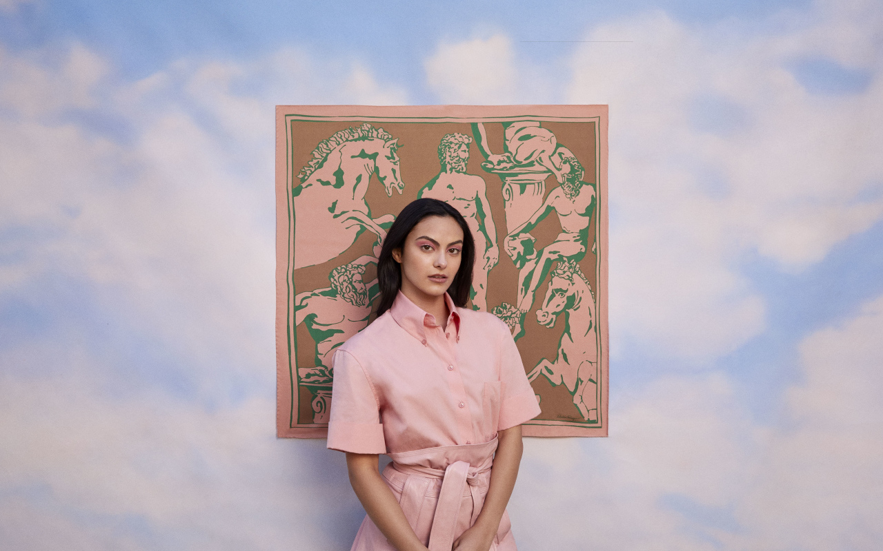 Актриса Камила Мендес в розовом платье на фоне картины 