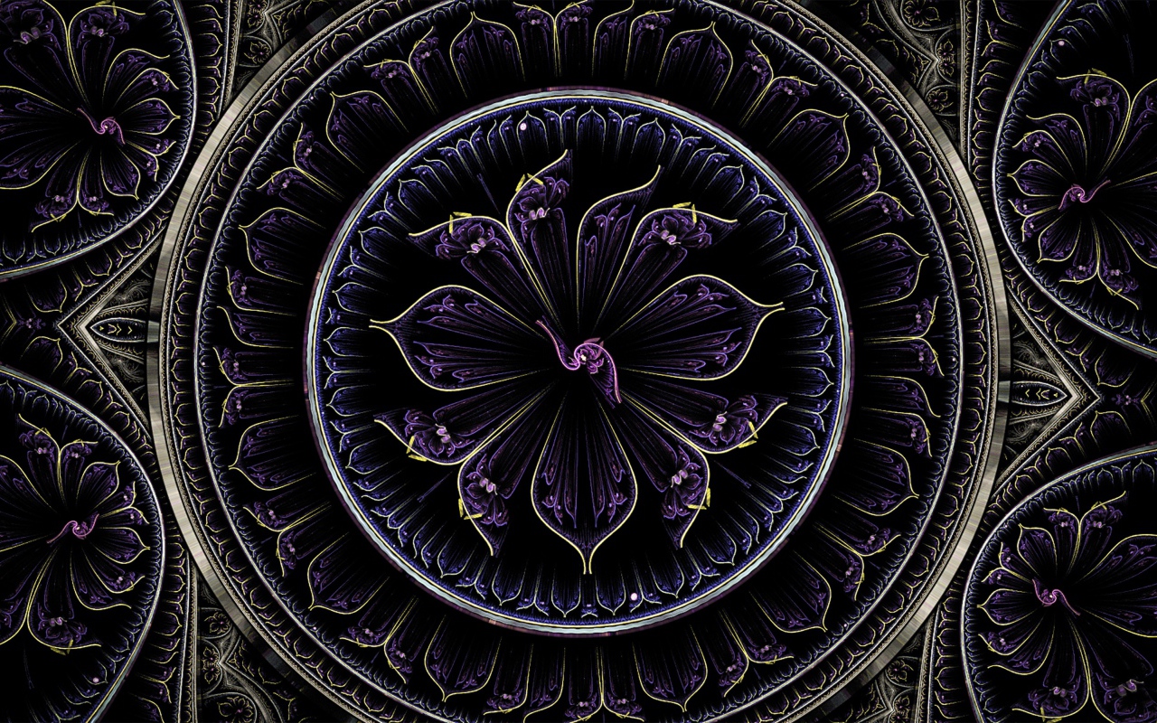 Красивый фиолетовый фрактальный рисунок с золотыми линиями