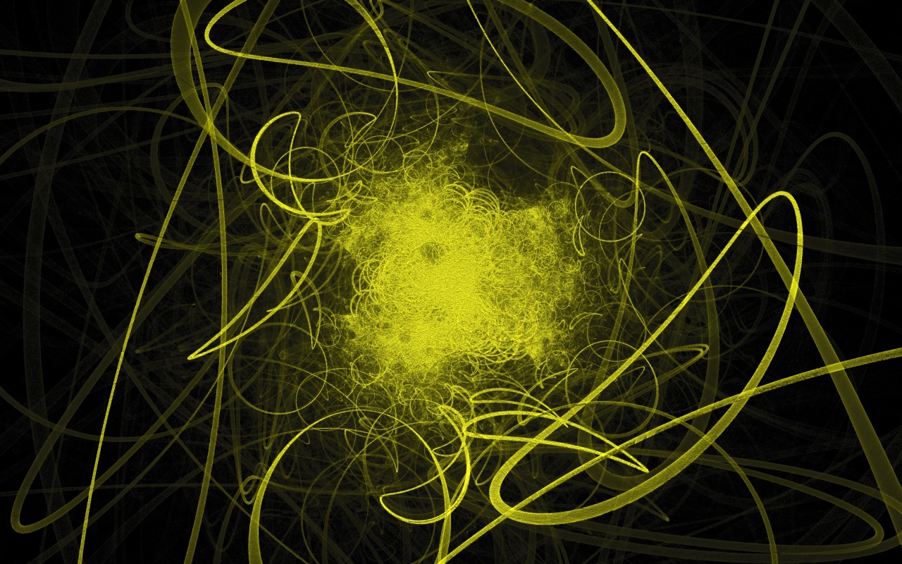 Яркие желтые волнистые лучи света на черном фоне