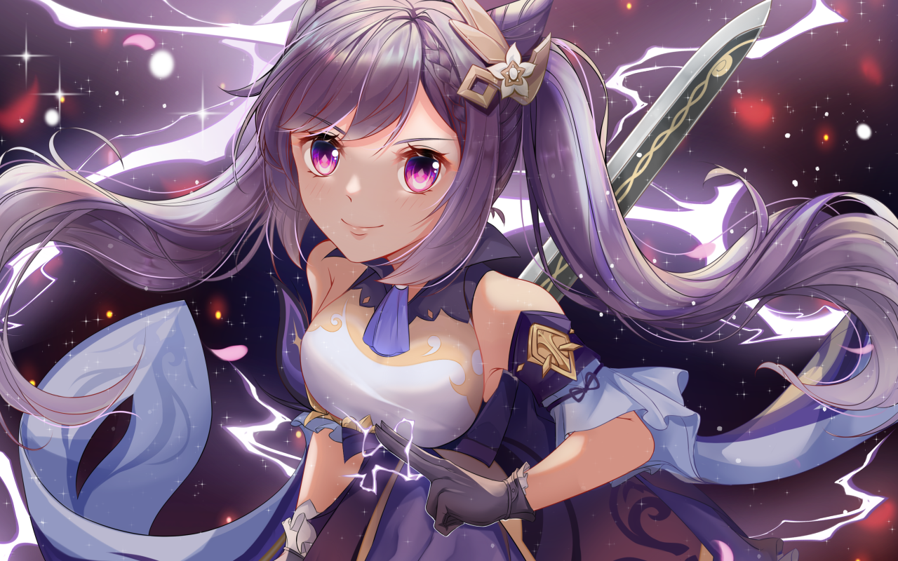 Девушка аниме с длинными сиреневыми волосами