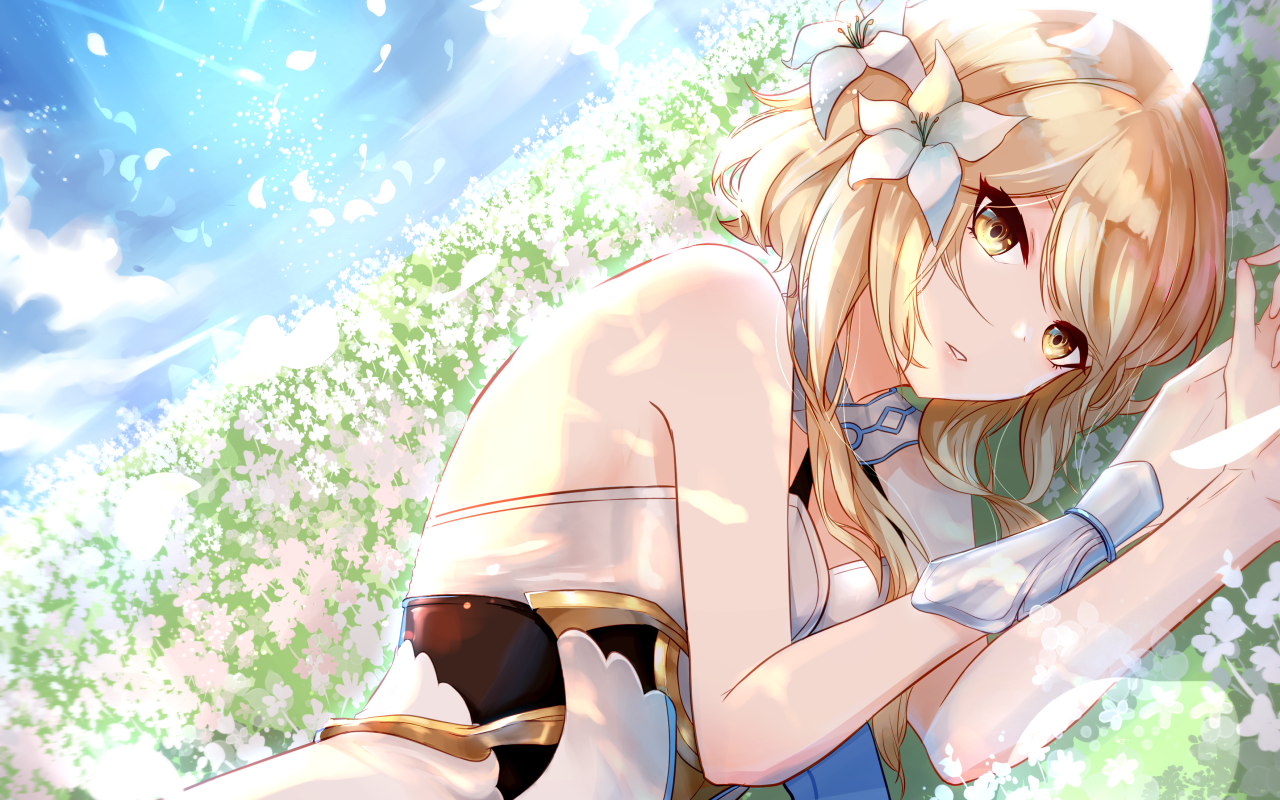 Красивая девушка аниме с цветами в волосах