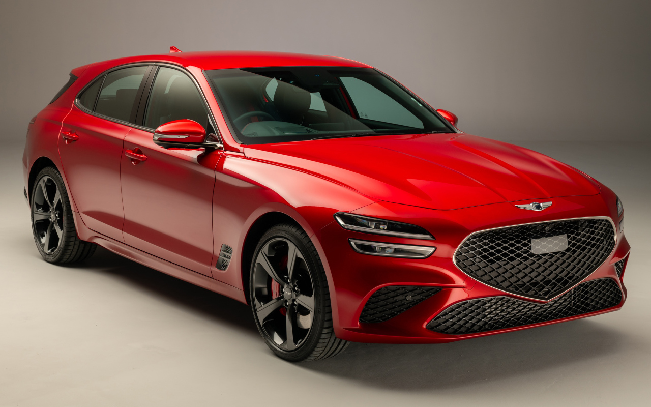 Красный Genesis G70 2.0T Shooting Brake 2021 года на сером фоне