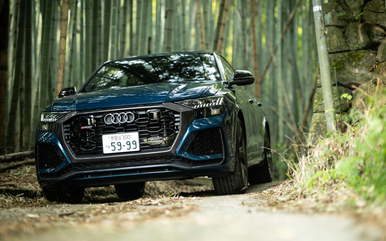 Автомобиль Audi RS Q8 2021 года в лесу