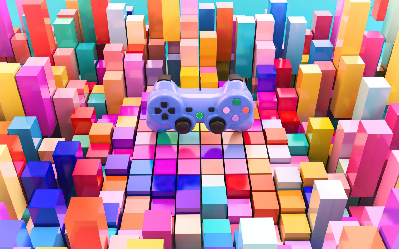 Игровой пульт от приставки Playstation на фоне четырехугольников 