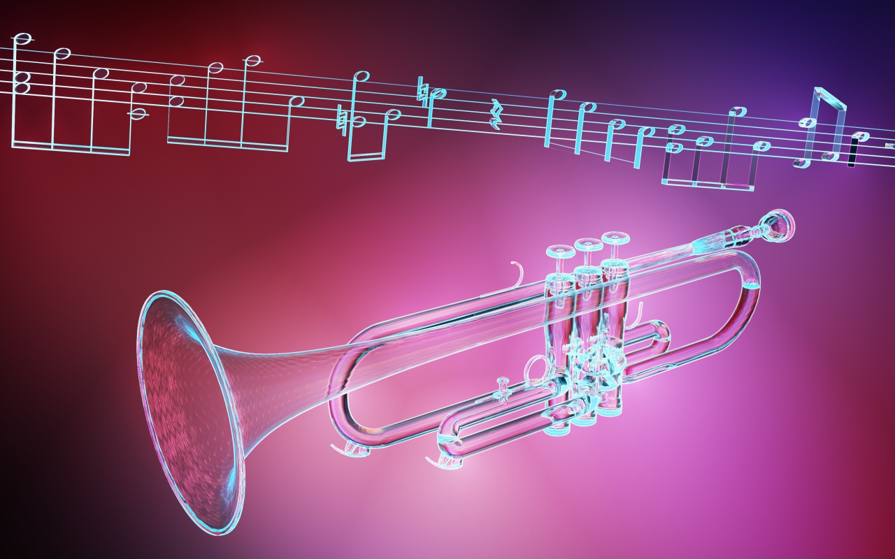 Труба и ноты на розовом фоне