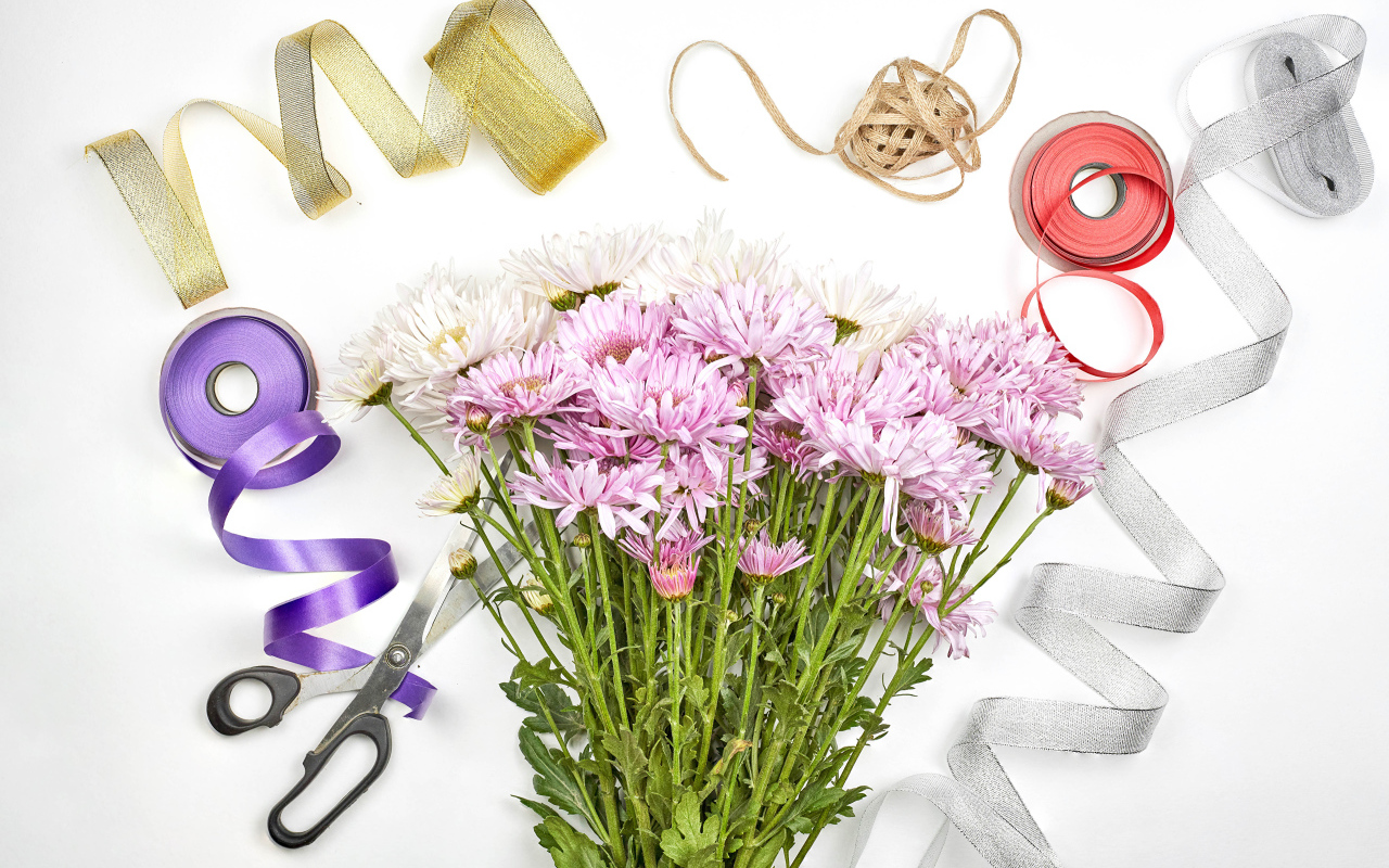 Букет розовых цветов хризантемы с ленточками на белом фоне