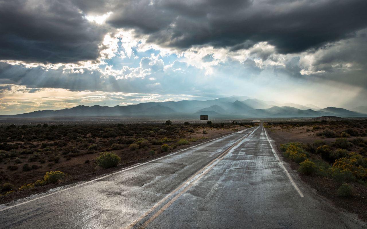 Мокрая дорога в лучах солнца под пасмурным небом 