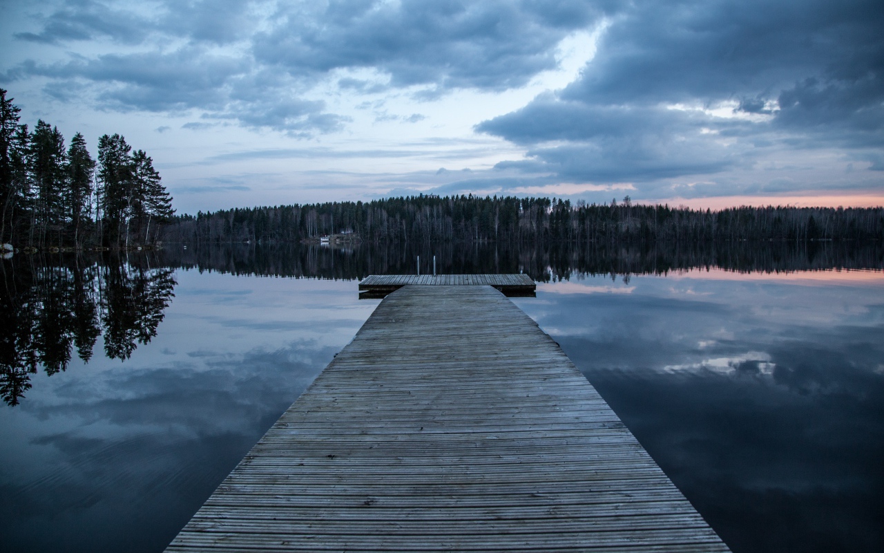 Большой деревянный мост на реке у леса