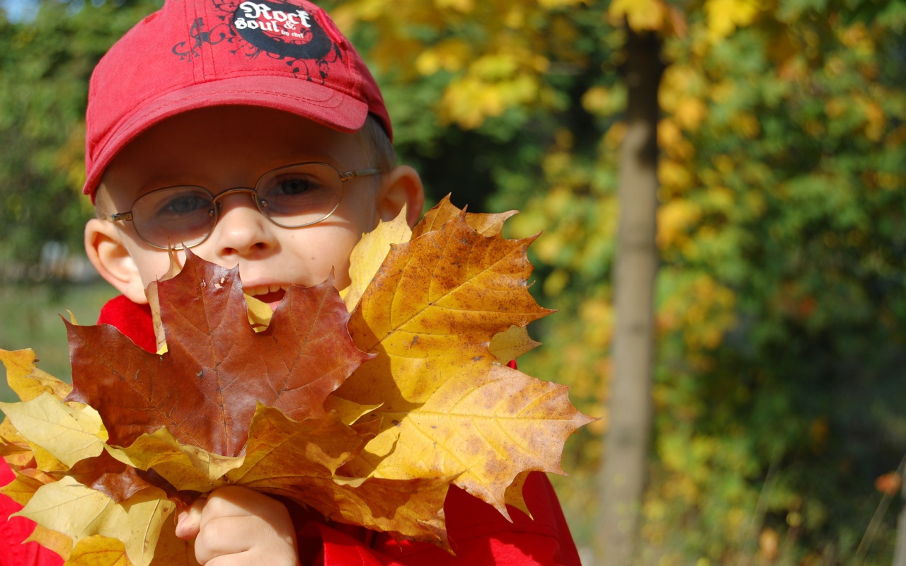 Мальчик в красной кепке с листьями в руках 