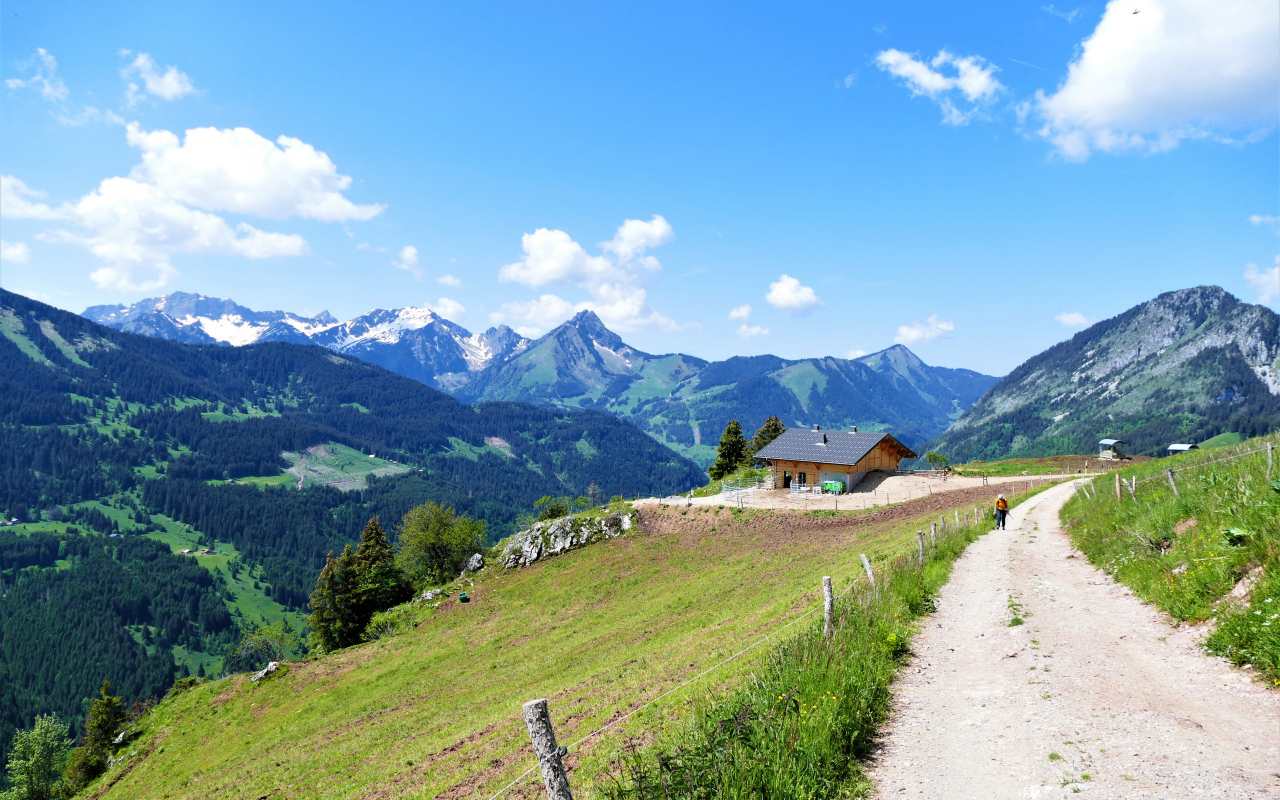 Красивый вид на покрытые зеленью Альпы, Франция 