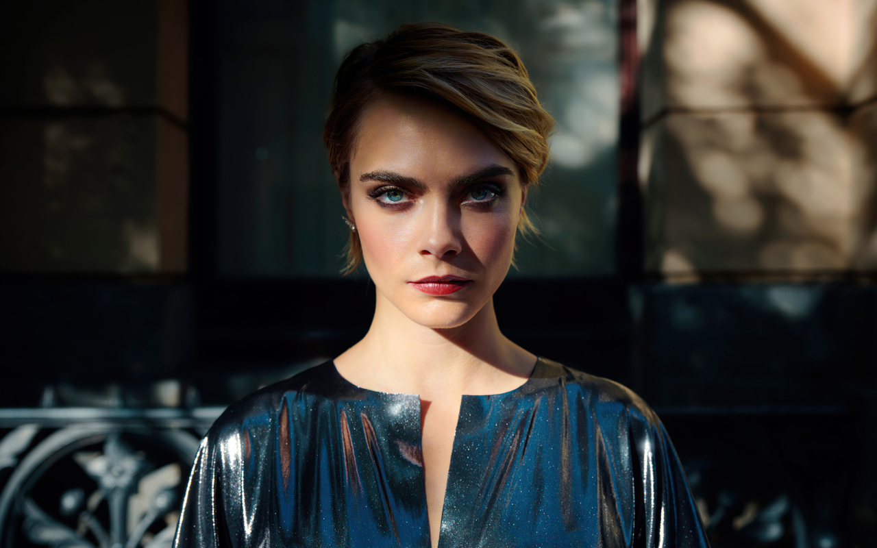 Яркая голубоглазая девушка Кара Делевинь в платье