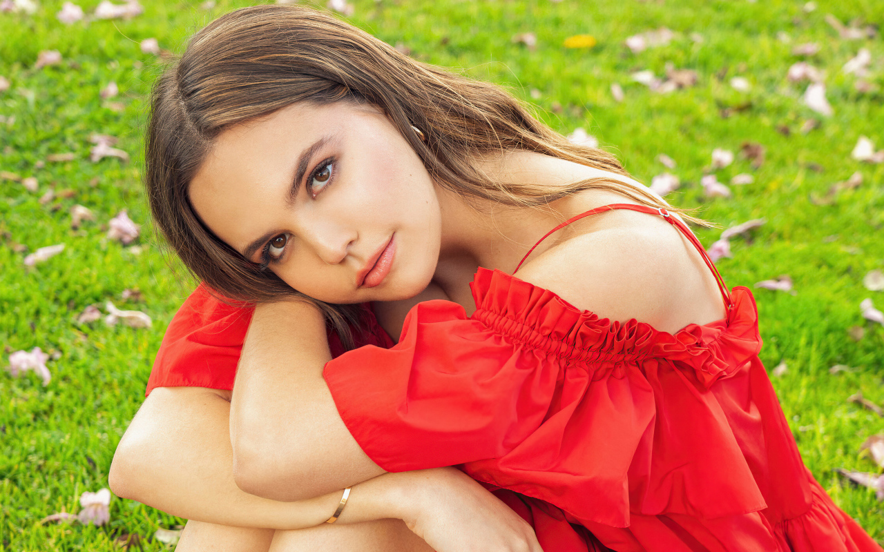 Brown-haired Bailey Madison in a red dress