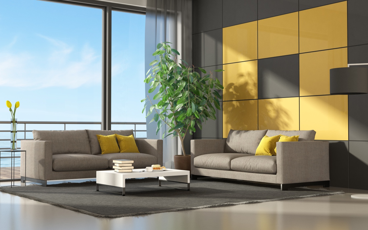 Квадраты на стене в комнате с большим окном