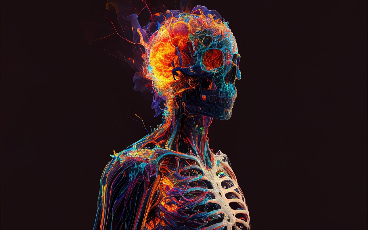 Огненный скелет мужчины на черном фоне