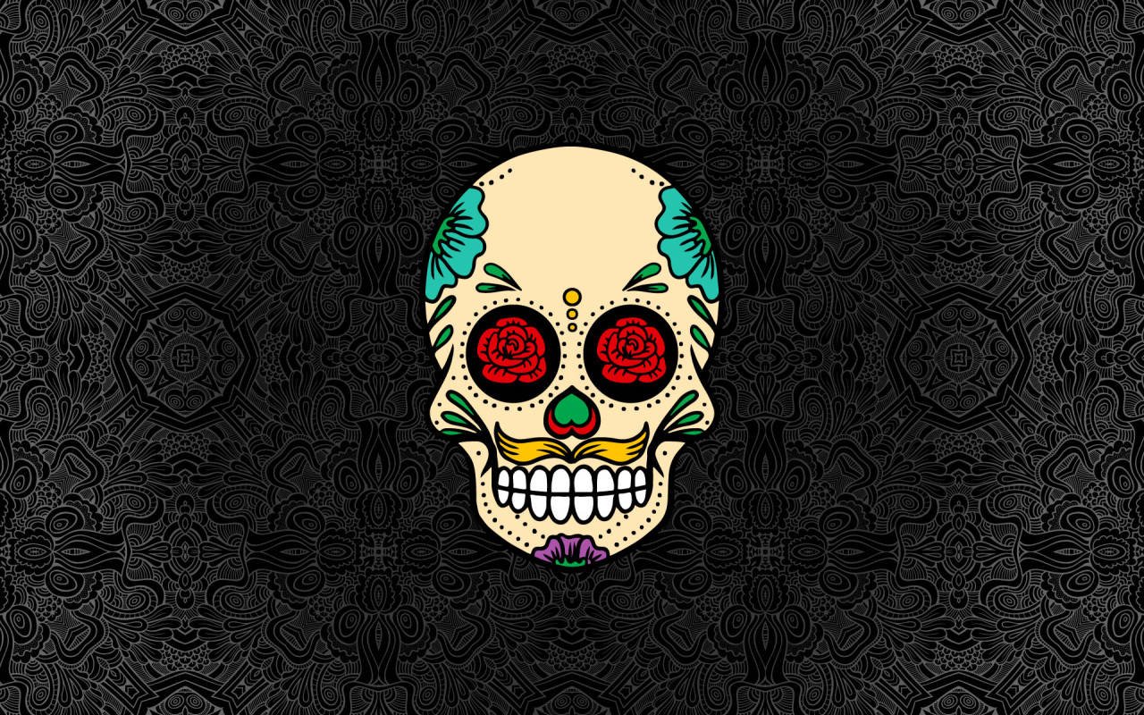 Нарисованный череп на сером фоне с узорами