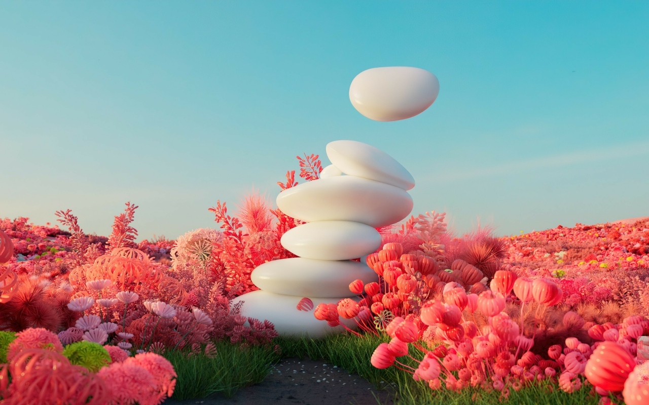 Белые камни в красных цветах 3д