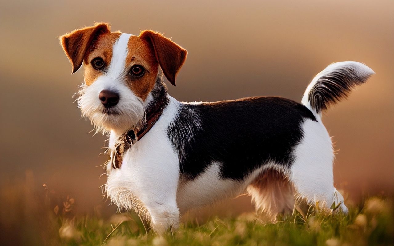 Смешная собака стоит на траве