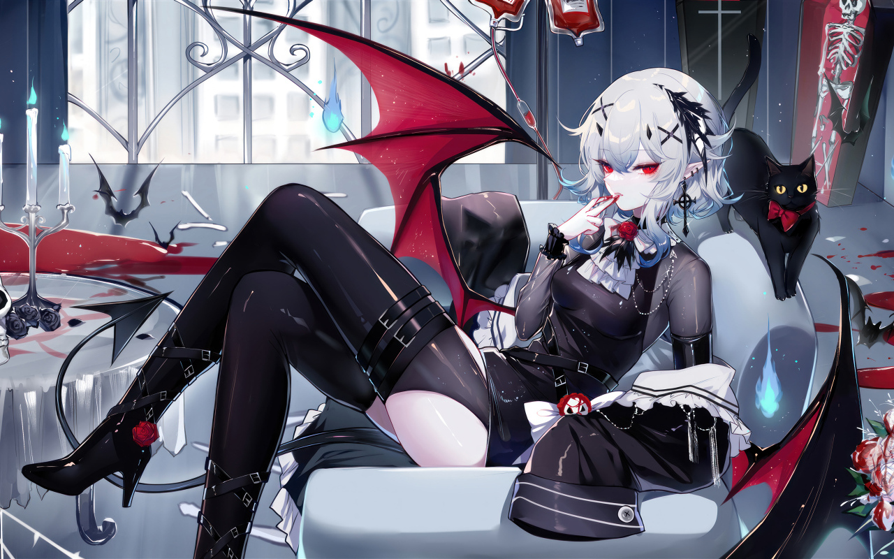Девушка аниме демон с черным котом
