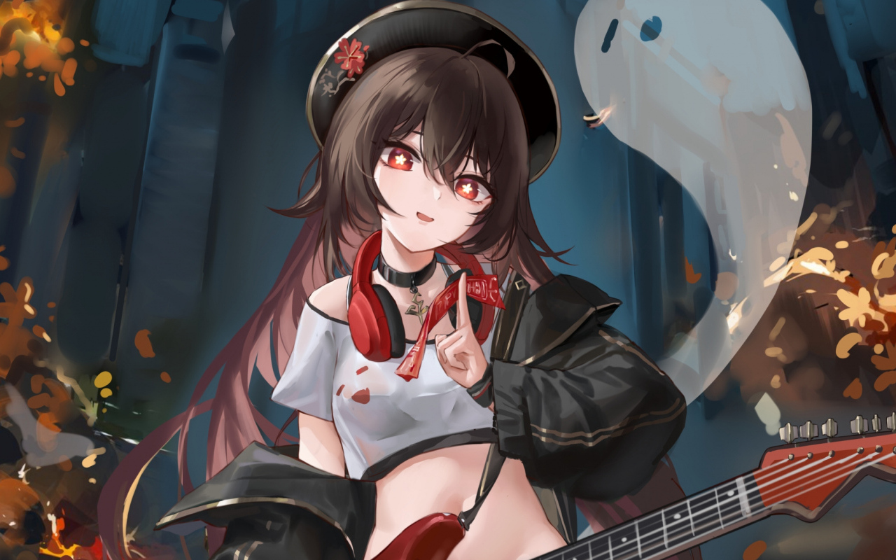 Девушка аниме с гитарой в руках