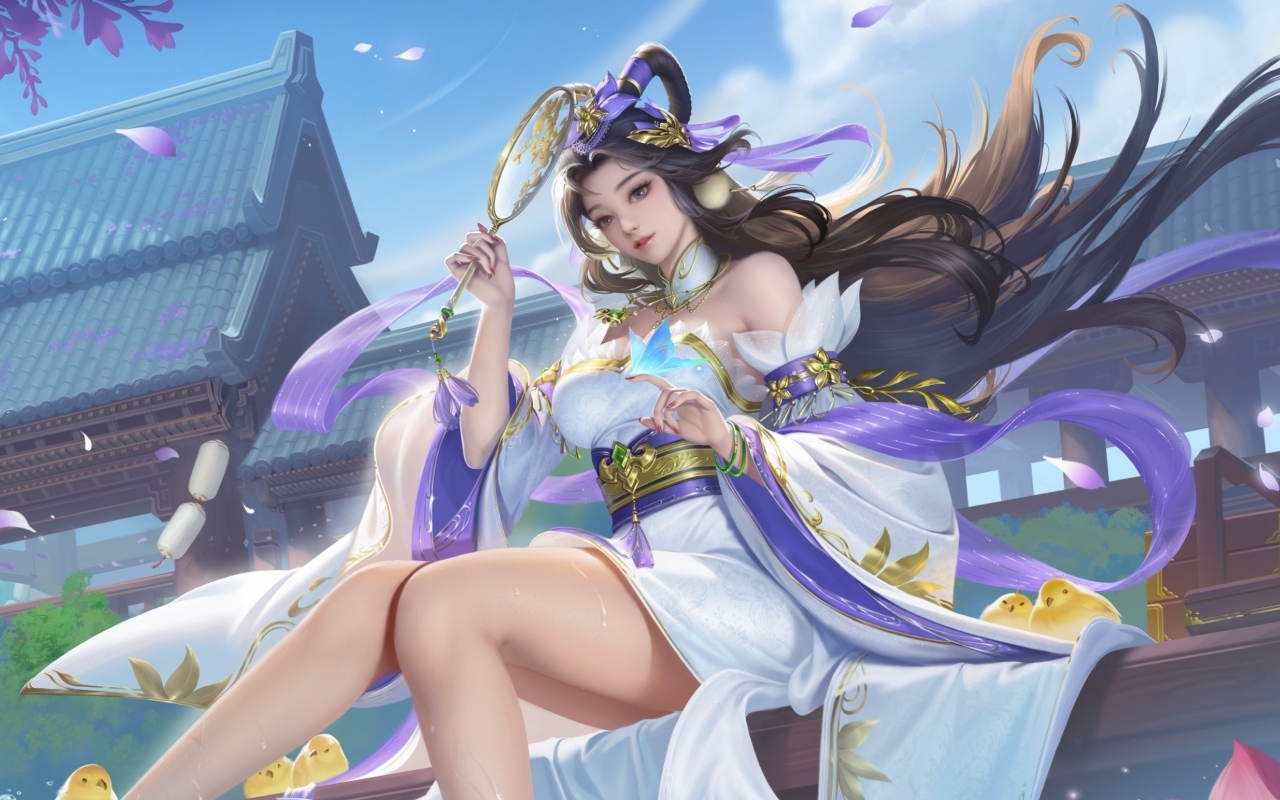 Девушка аниме в красивом платье с зеркалом