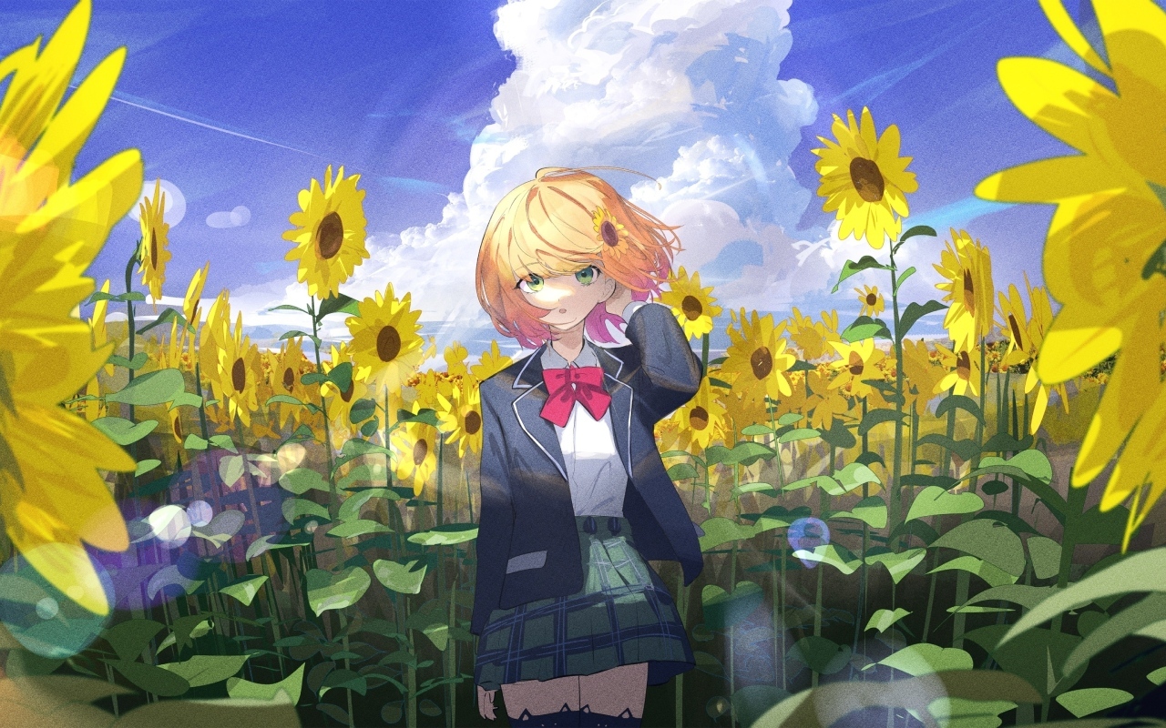 Девушка аниме на поле с подсолнухами