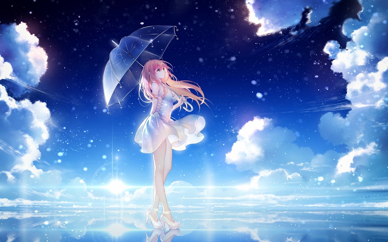 Девушка аниме под зонтом в воде