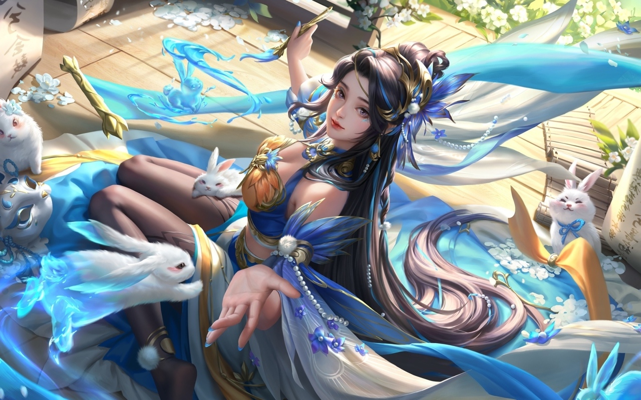 Девушка аниме с белыми кроликами