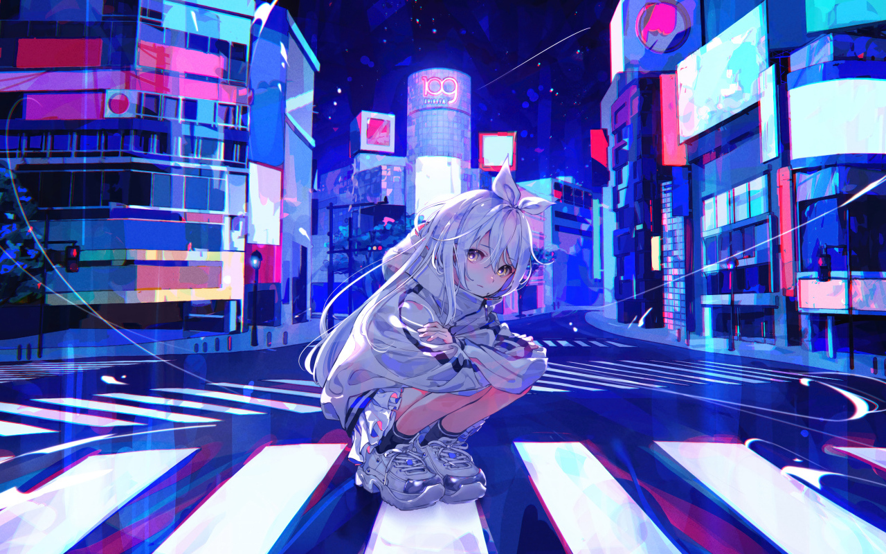 Грустная девушка аниме сидит на дороге в городе