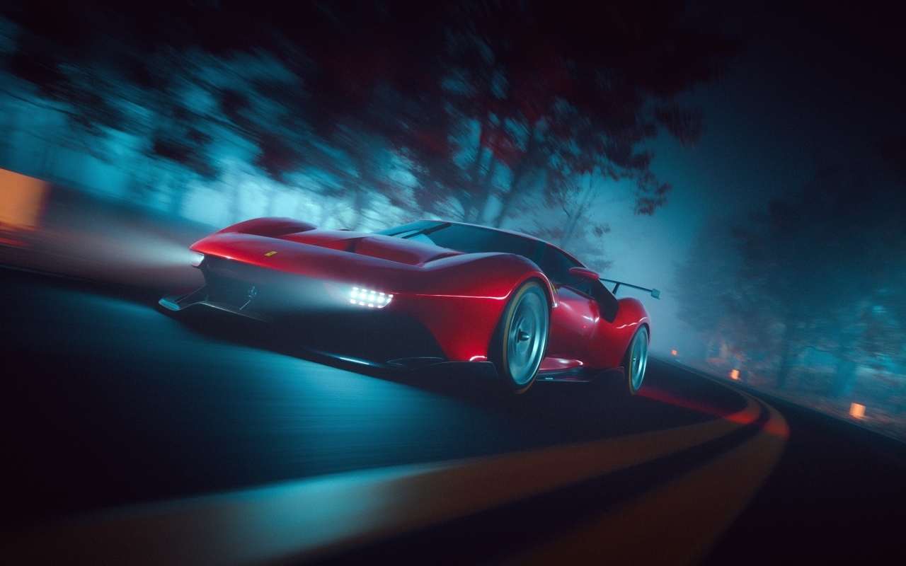 Красный автомобиль Ferrari P80C ночью на трассе