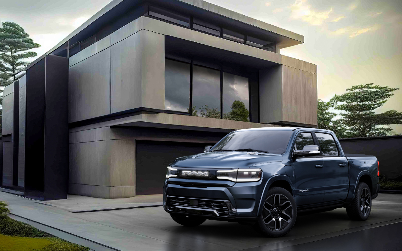 Серебристый пикап Ram 1500 REV 2025 у дома