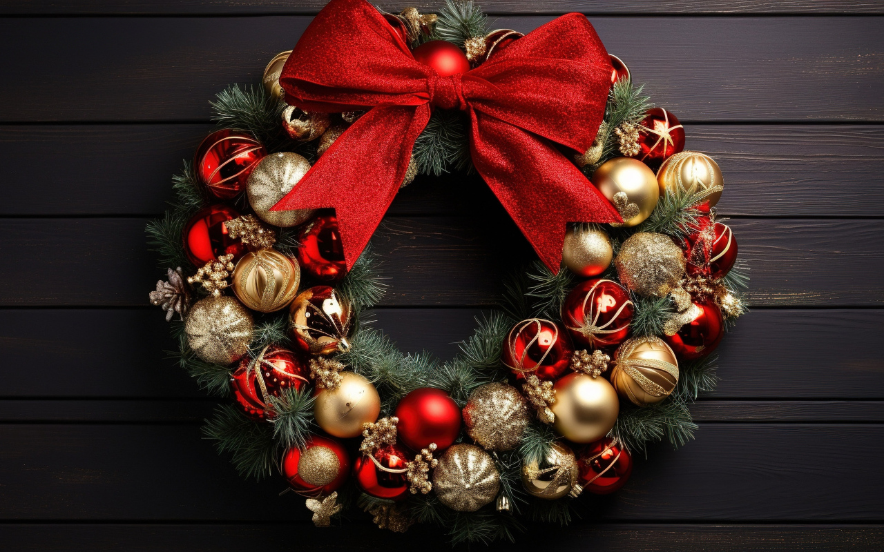 Рождественский венок с красным бантом