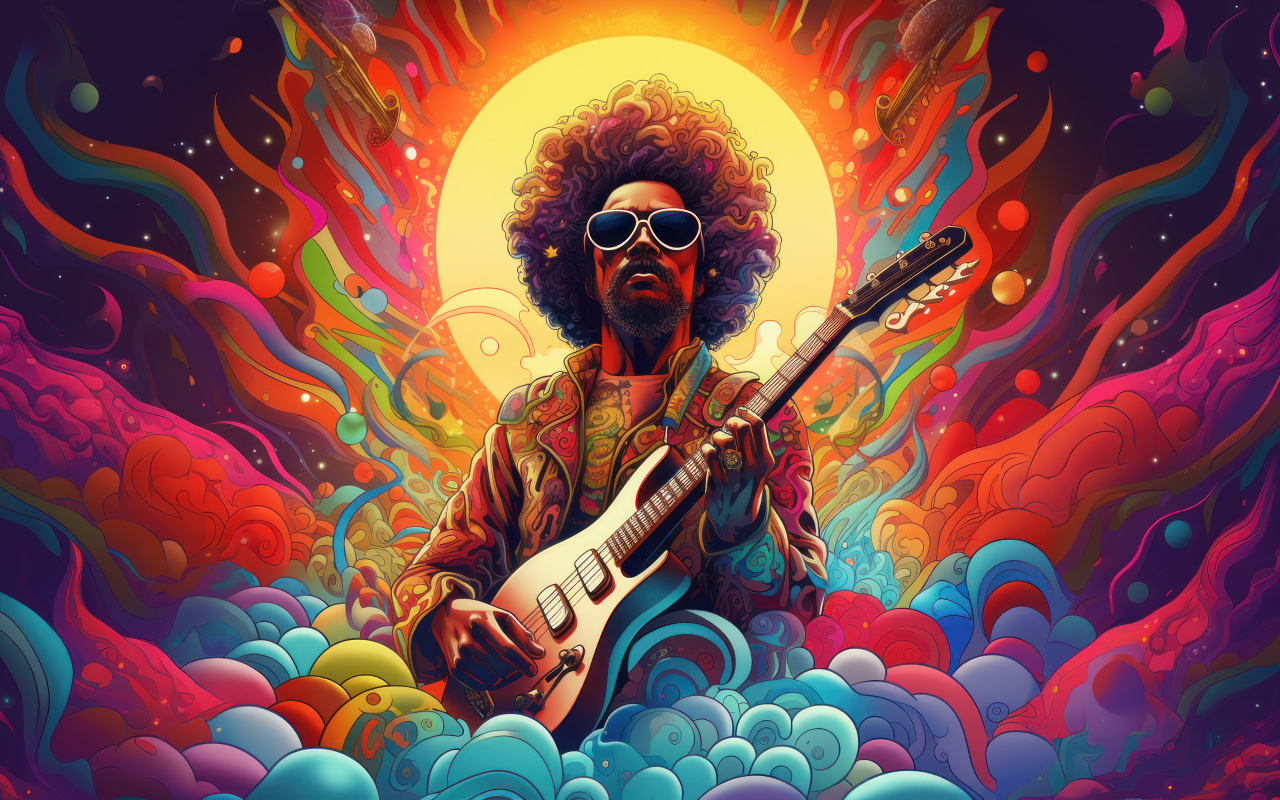 Нарисованный мужчина гитарист на разноцветном фоне