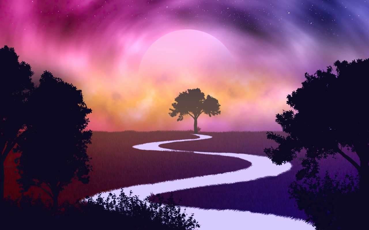 Нарисованная белая река на фоне луны