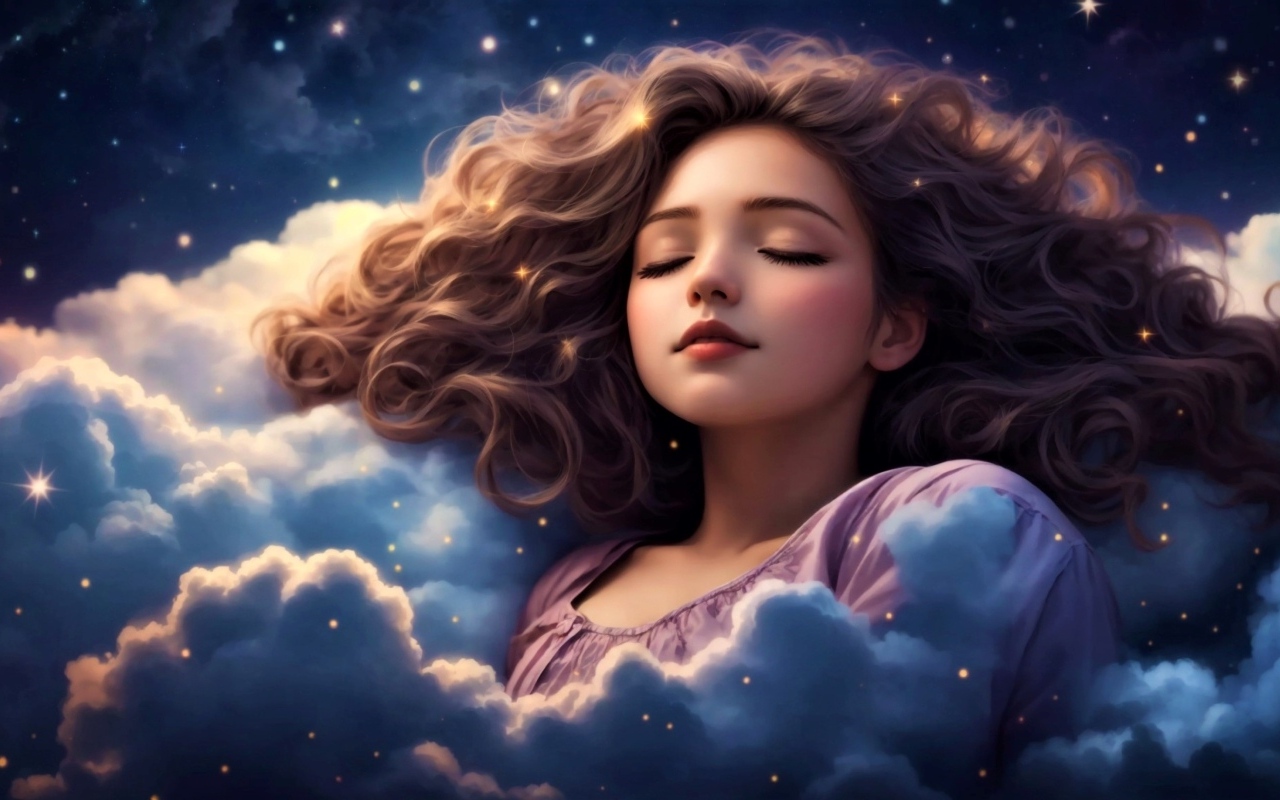 Нарисованная девушка спит в белых облаках