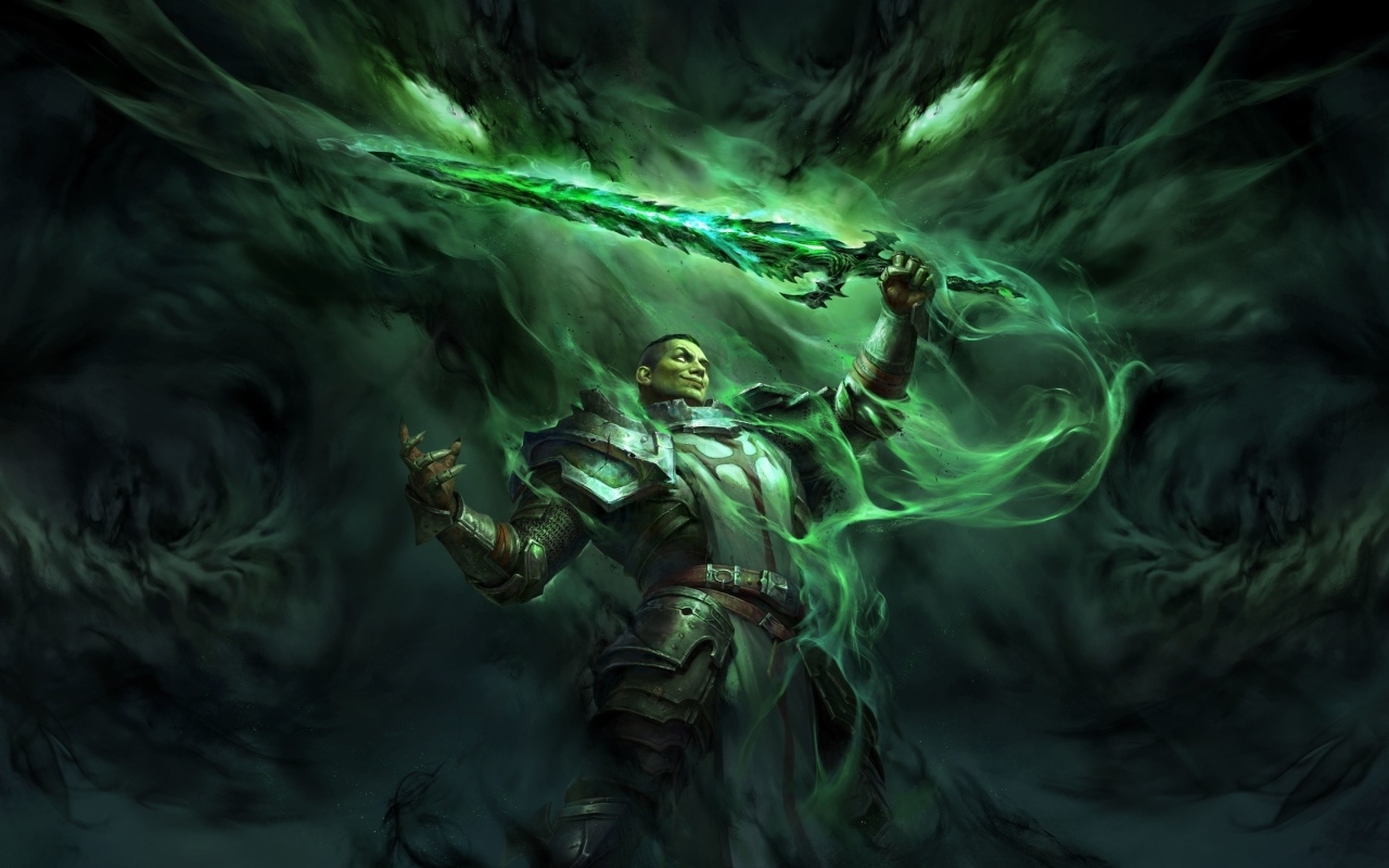 Мужчина с мечом сражается с темными силами