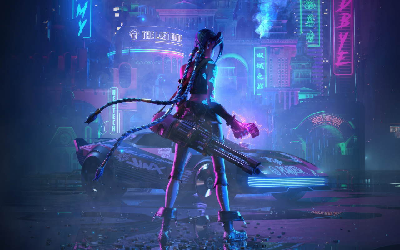Девушка с оружием в городе видеоигра Cyberpunk 2077