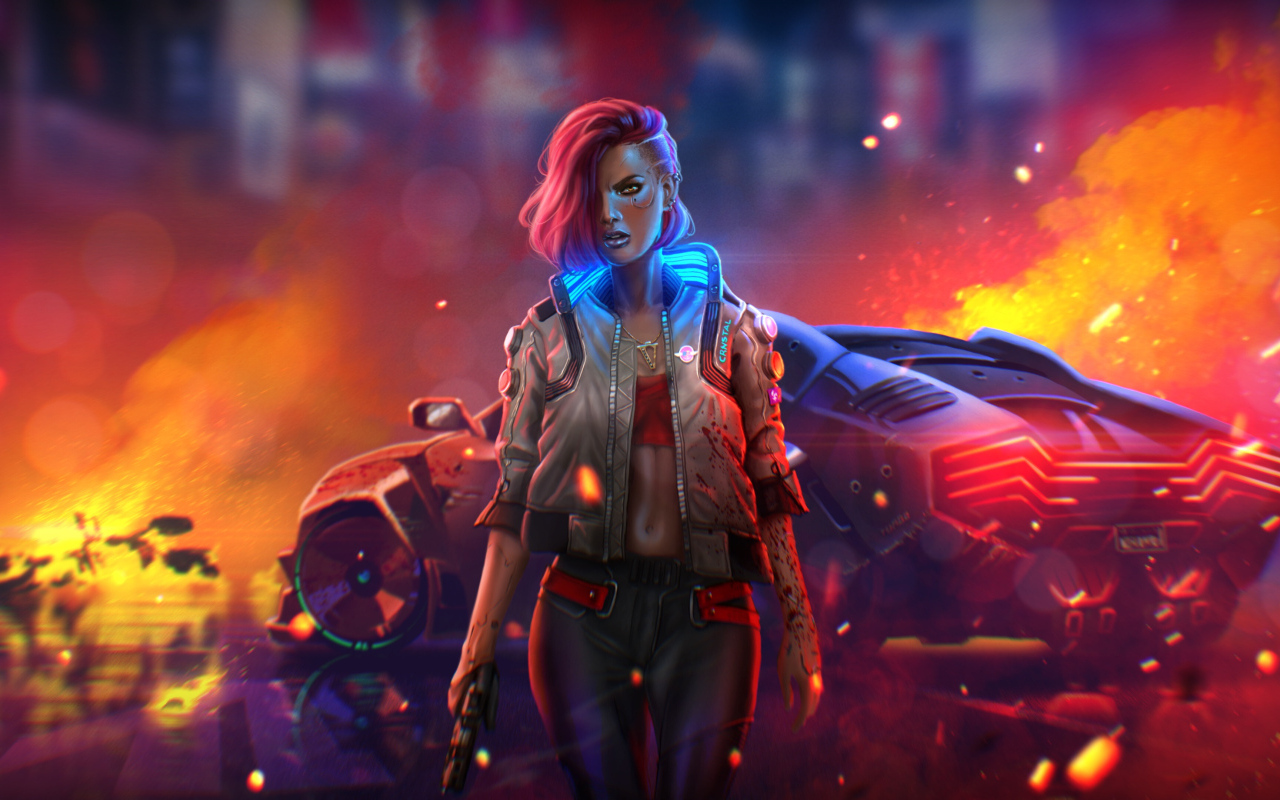 Девушка на фоне машины компьютерная игра Cyberpunk 2077