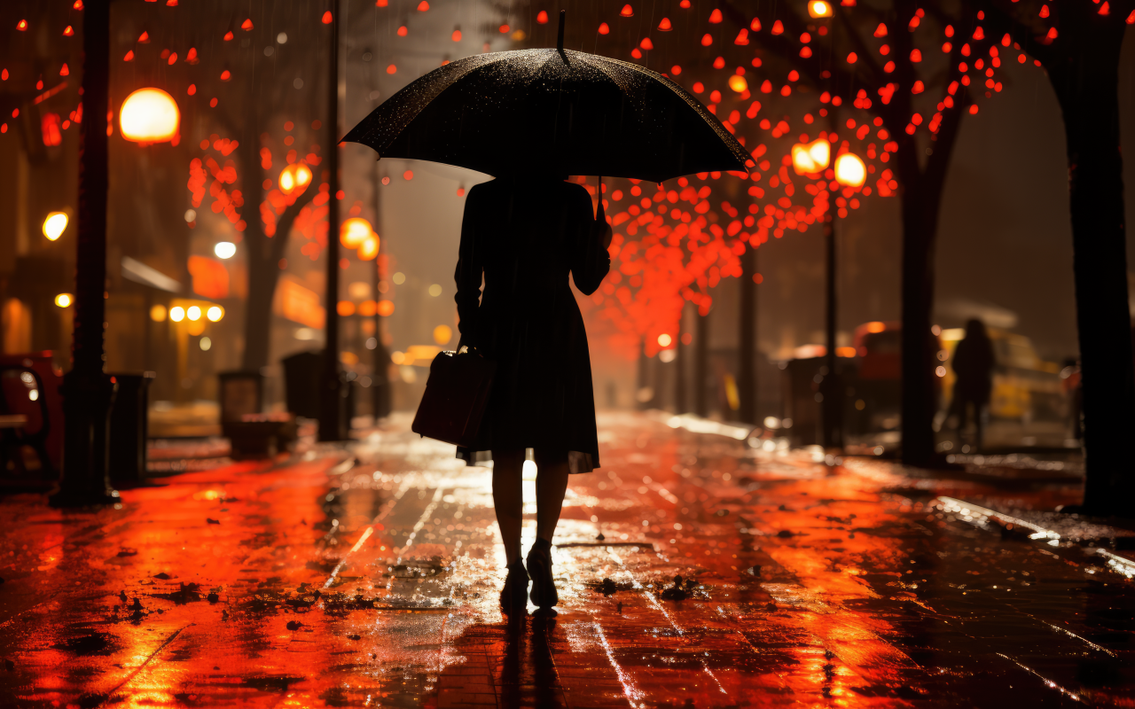 Девушка идет под зонтом ночью в парке