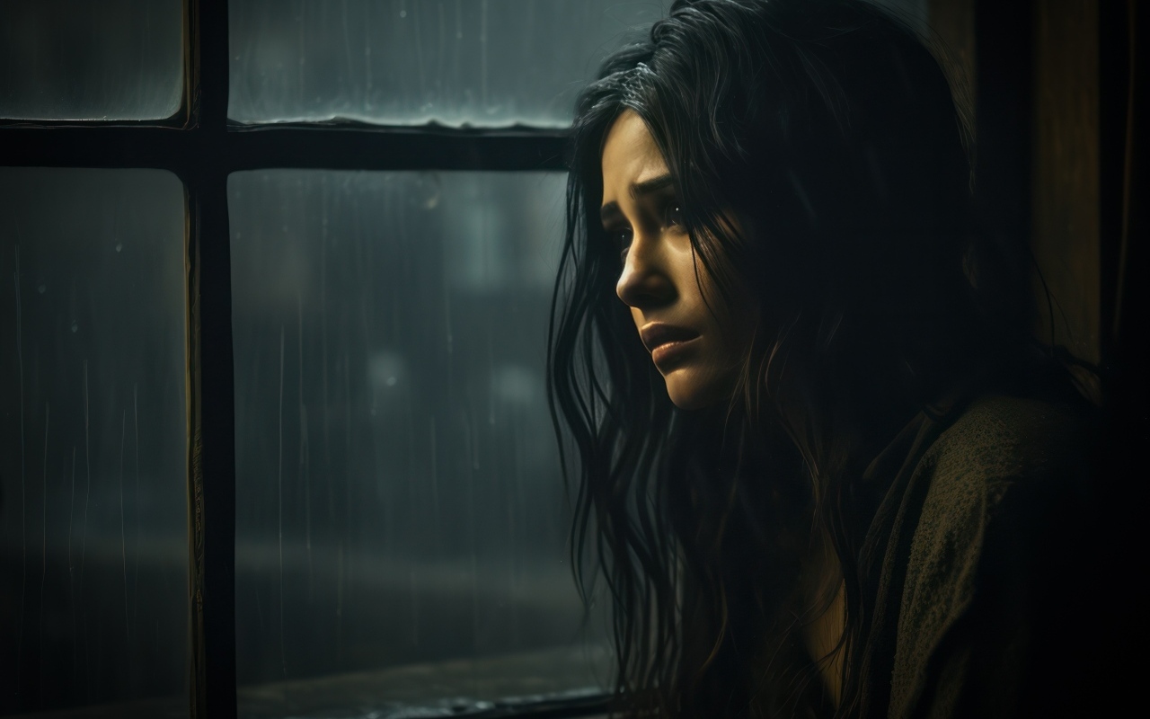 Грустная девушка сидит у окна 
