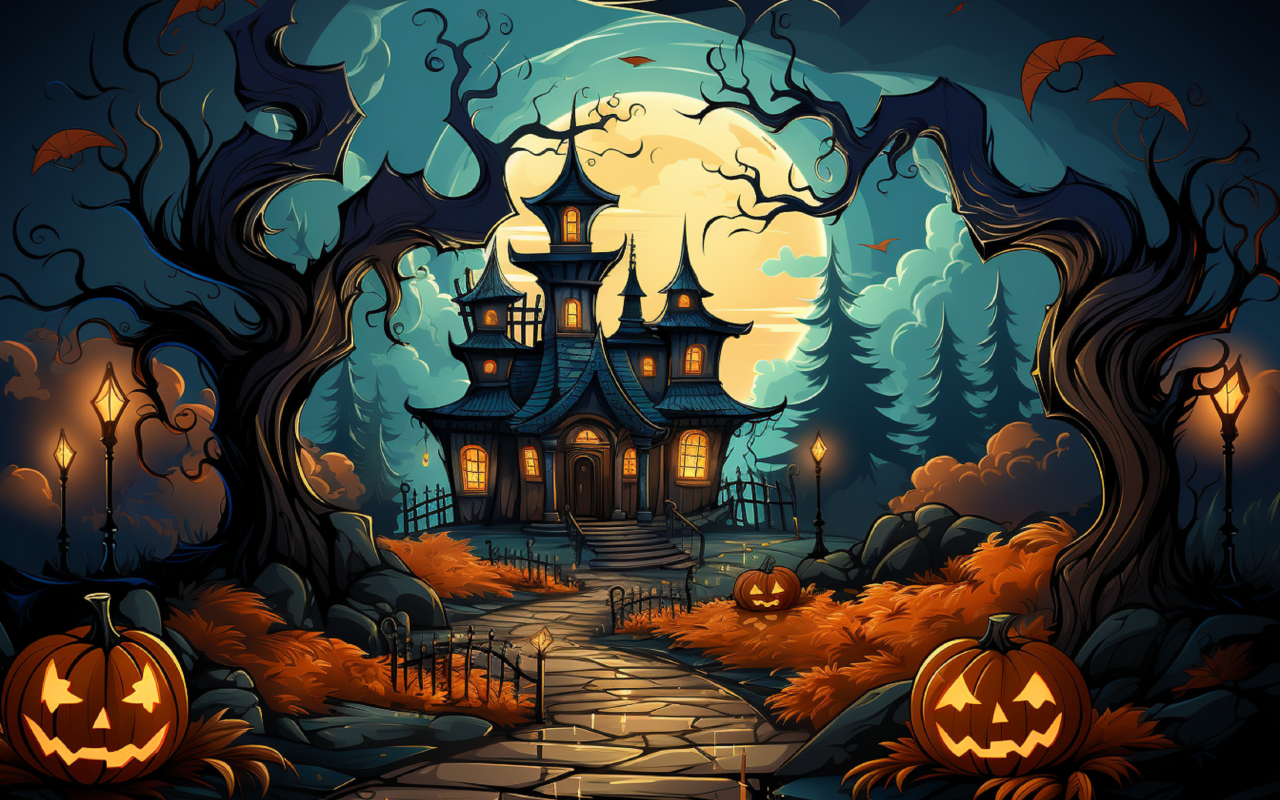 Старинный зловещий замок в лесу на Хэллоуин