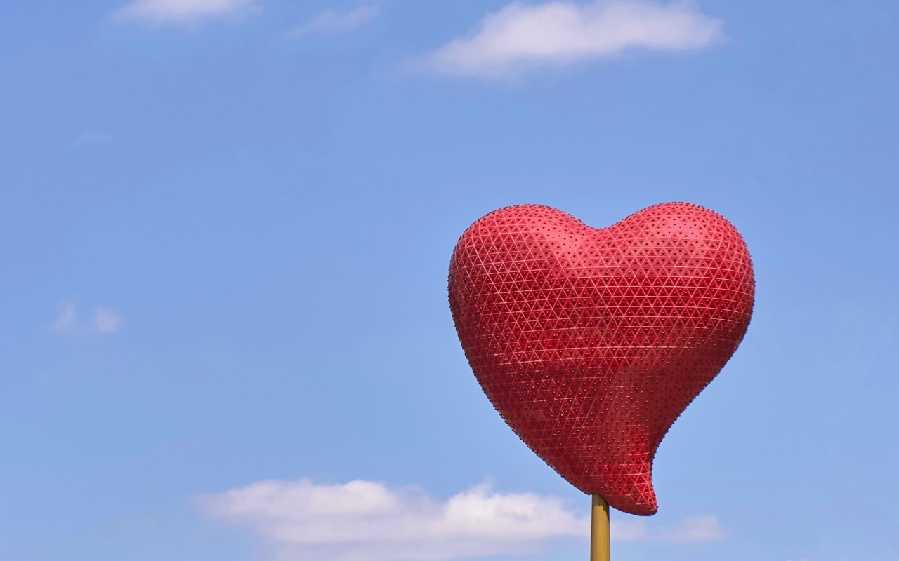 Красное сердце на палочке на фоне неба