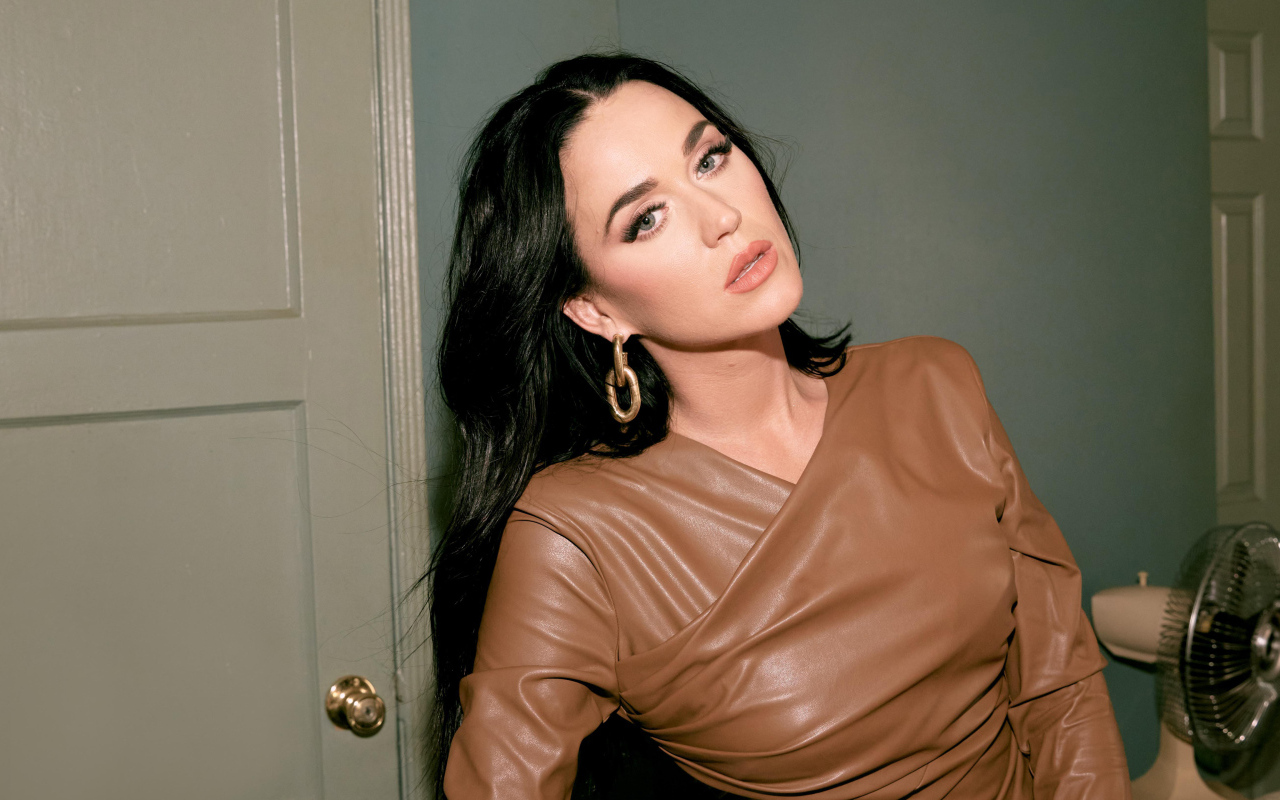 Длинноволосая брюнетка Кэти Перри стоит в комнате у двери