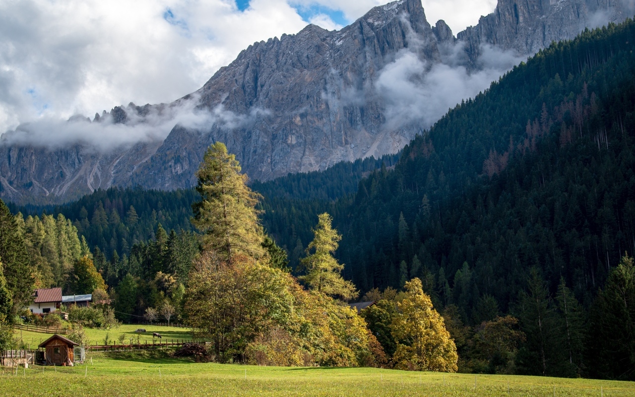 Белый туман над высокими каменными горами