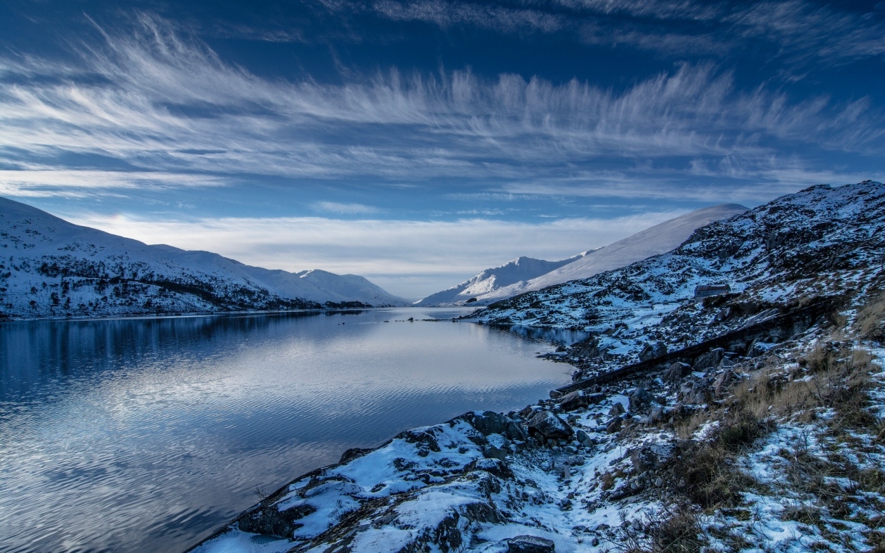 Озеро с покрытыми снегом горами под красивым небом