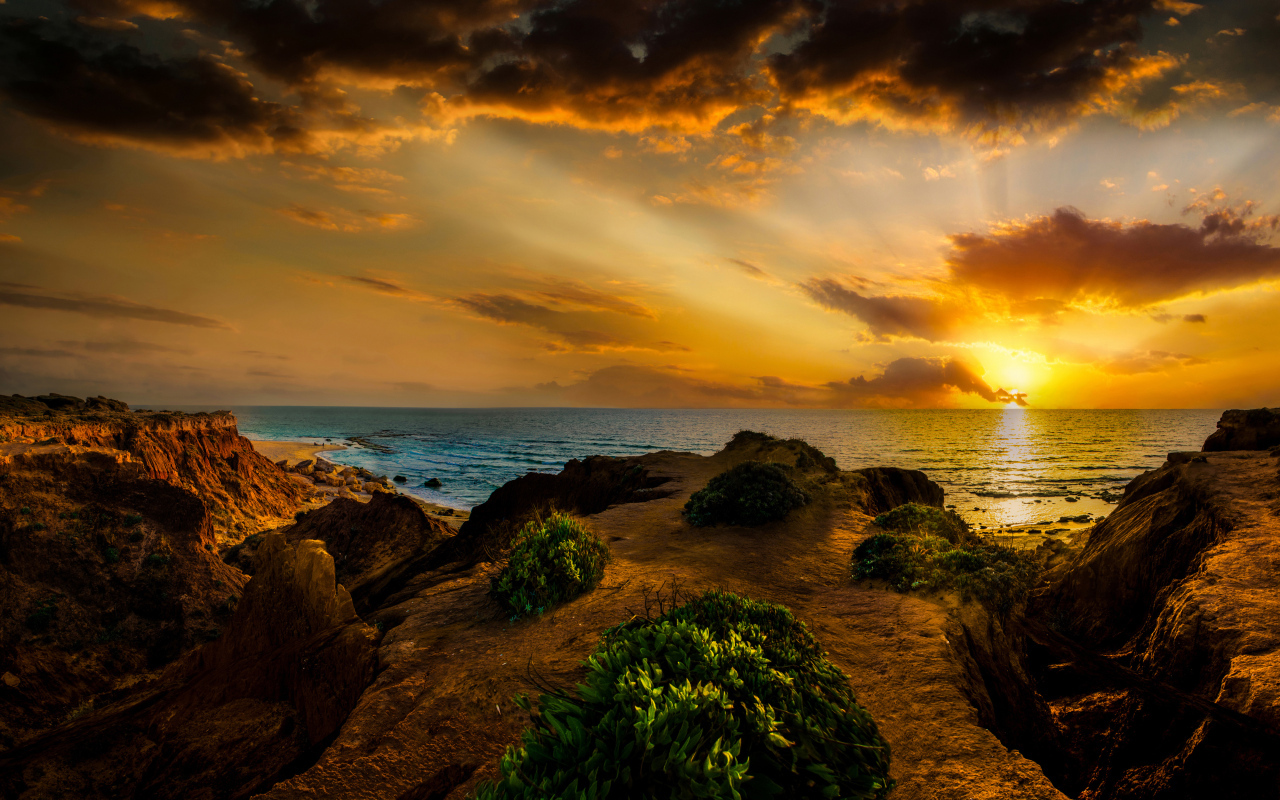 Красивый закат на морском побережье летом