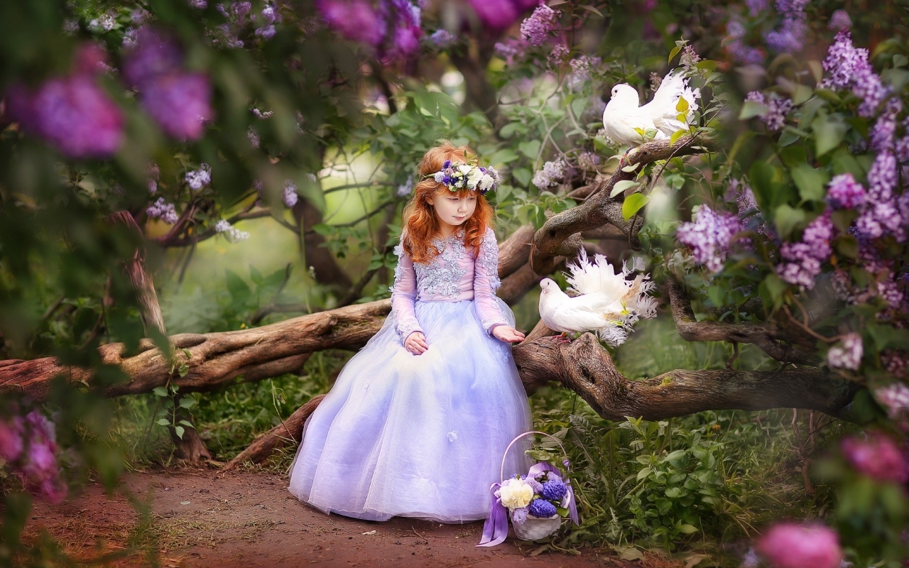 Маленькая девочка в красивом платье на дереве с голубями