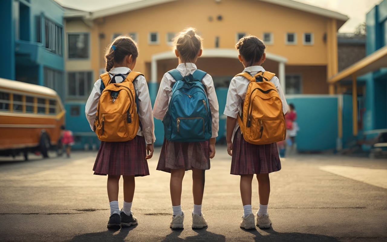 Три маленькие девочки школьницы с рюкзаками