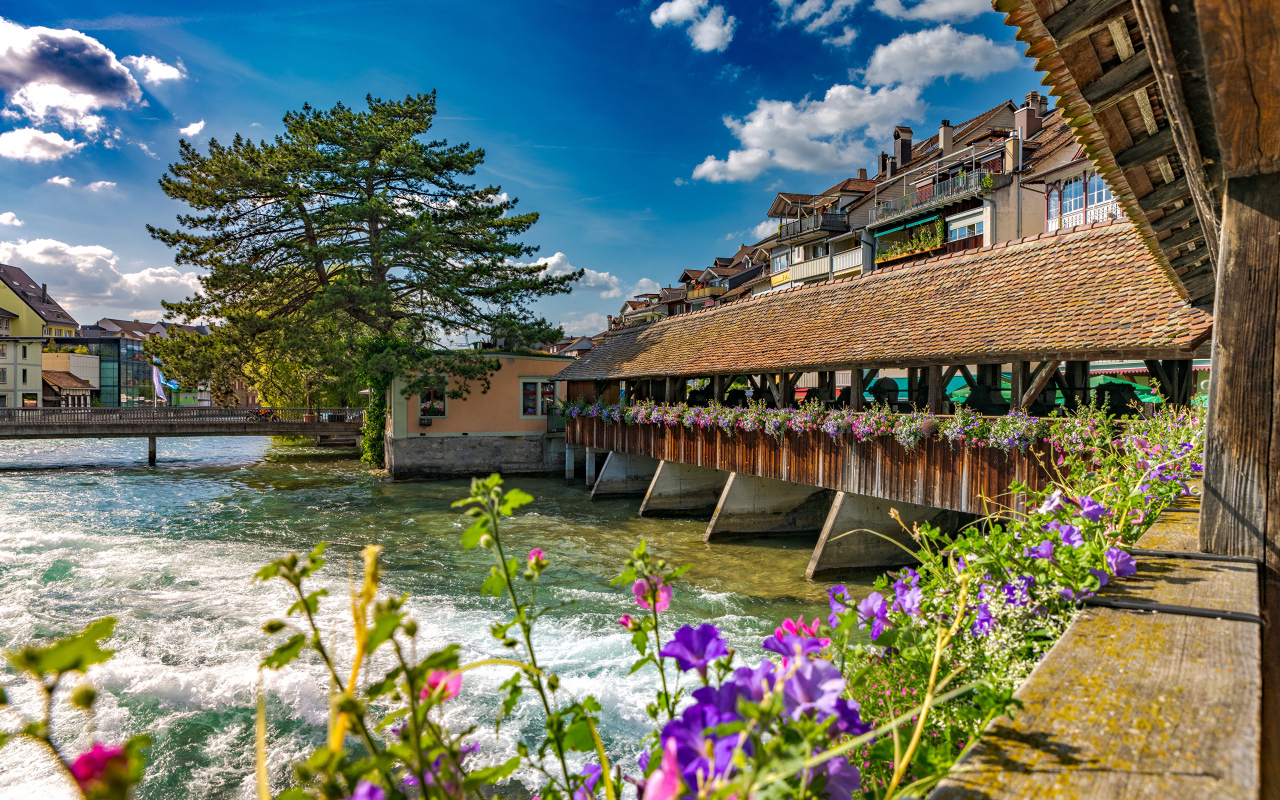 Деревянный мост с цветами через реку, Швейцария