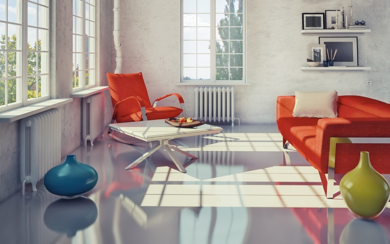 Красная мебель в гостиной в стиле Модерн